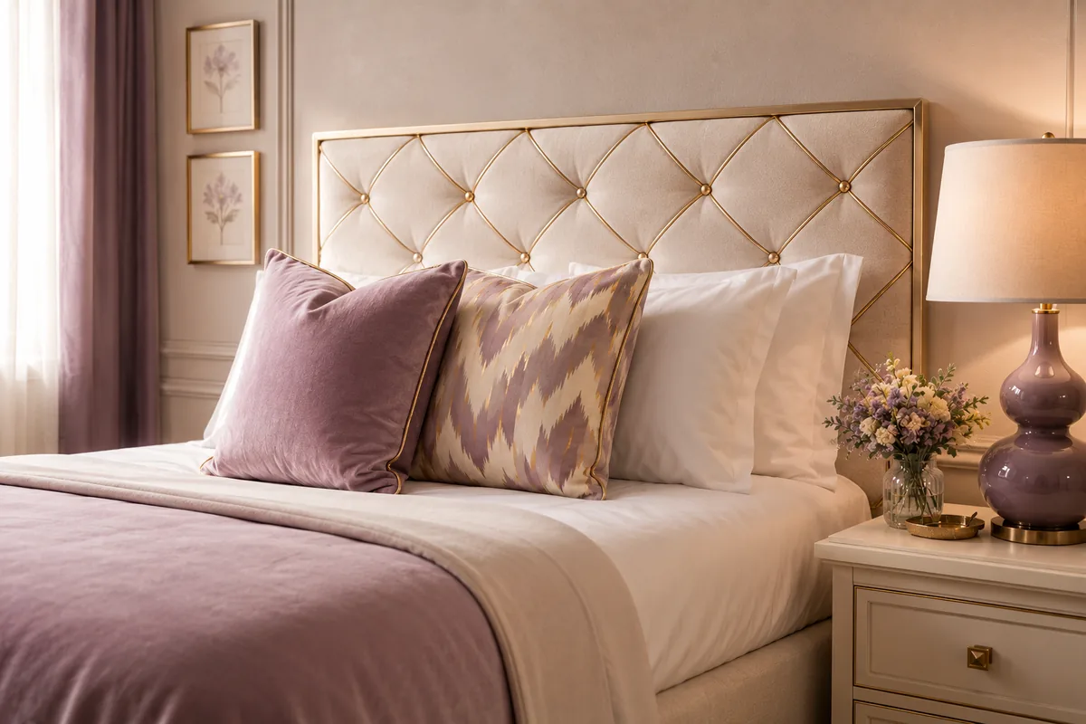 A calm bedroom with a tufted headboard and plum bedding