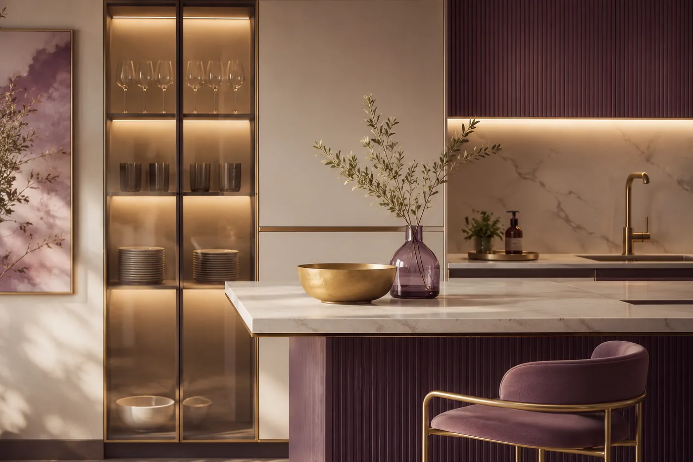 A warm kitchen with plum cabinetry and soft lighting