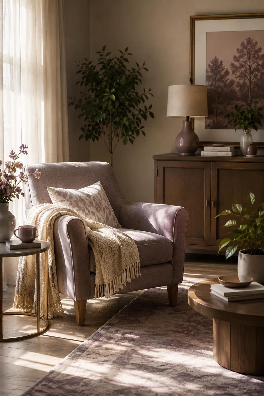 A soft armchair with a knit throw beside a lamp in a sunlit room